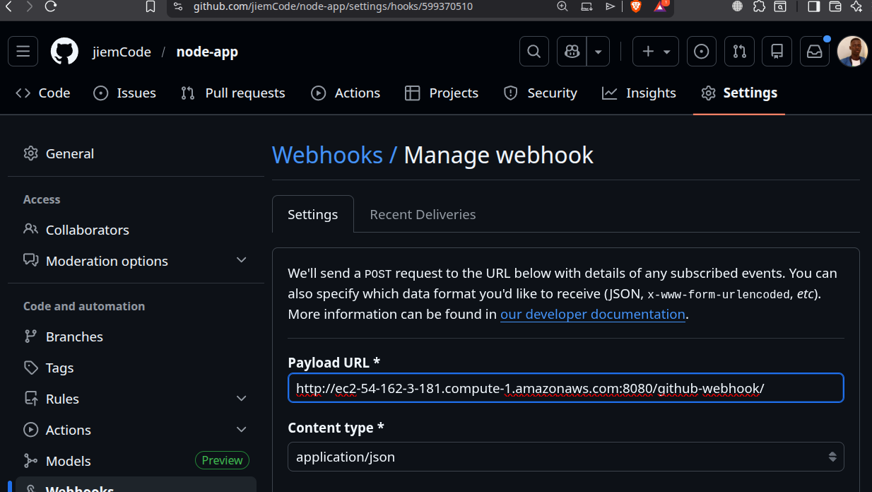 Figure 9 — Configuration du webhook GitHub vers Jenkins